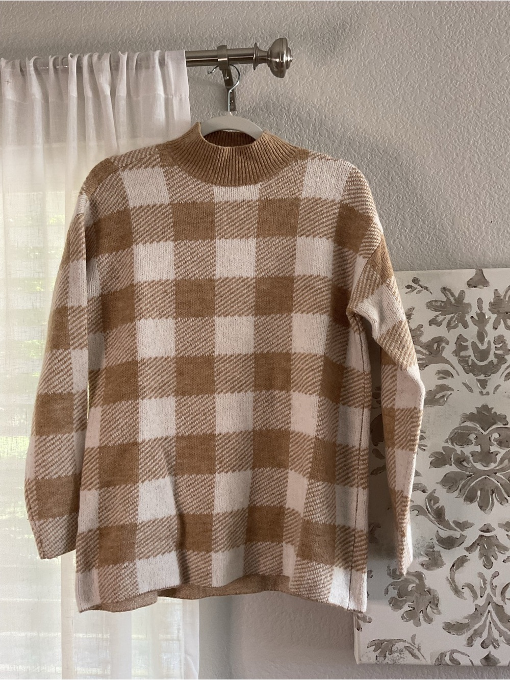 LOFT Plaid Mock Neck Sweater - Cream & Tan